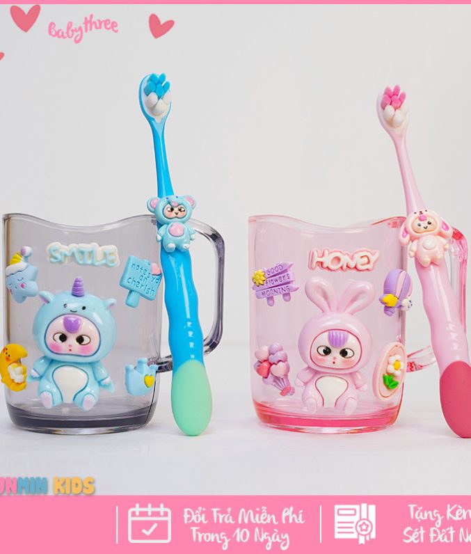 Bộ Cốc Bàn Chải Đánh Răng Trẻ Em Hình 3D Dễ Thương Cho Bé 3-10 Tuổi - Cốc Súc Miệng Kèm Bàn Chải Lông Mềm