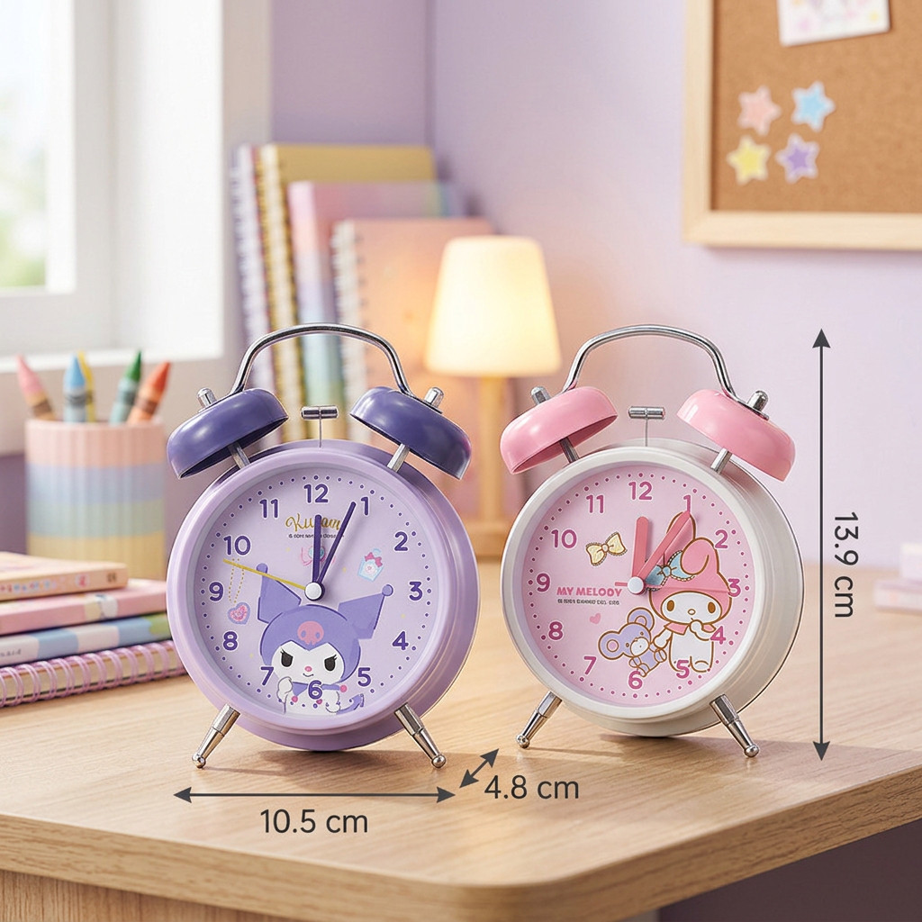 Đồng Hồ Báo Thức Để Bàn Vỏ Kim Loại - Chuông Chùm Siêu To, Kim Trôi Êm Ái, Có Đèn Ngủ Dễ Thương Cho Bé
