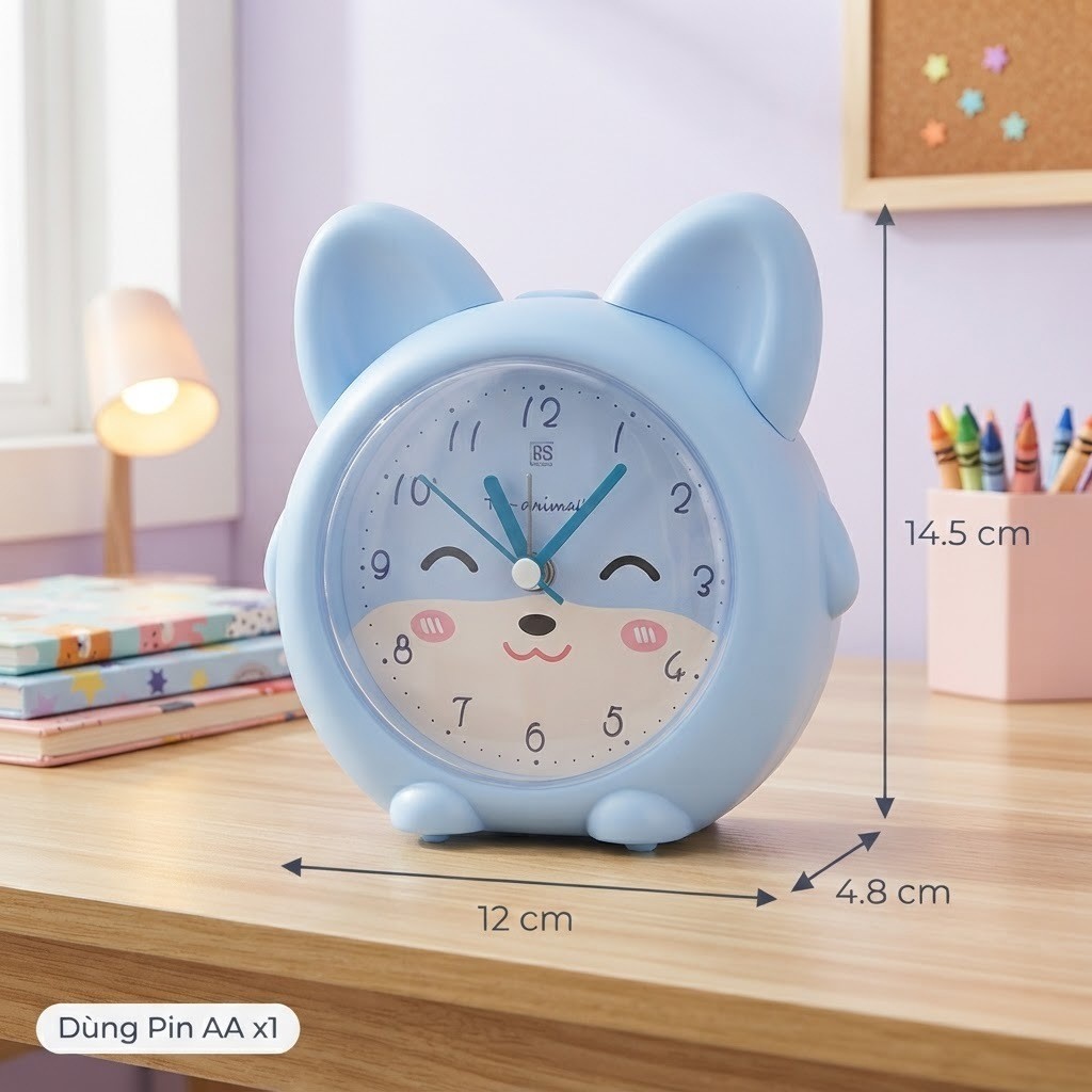 Đồng Hồ Báo Thức Hình Thú Dễ Thương Cho Bé - Thỏ Mèo Hươu Chó, Có Nhạc Đèn Ngủ Báo Lại, Chạy Êm Để Bàn Phòng Ngủ Trẻ Em
