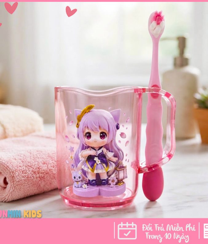 MunMin Kids Cốc Bàn Chải Đánh Răng Cho Bé Hình Công Chúa Mèo Dễ Thương 280ml Nhựa PS Nguyên Sinh