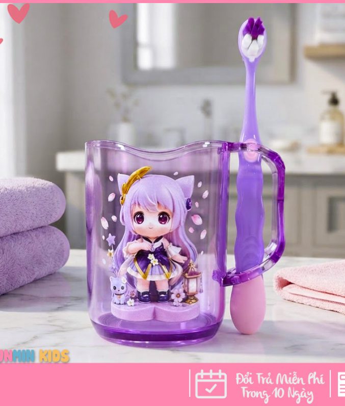 MunMin Kids Cốc Bàn Chải Đánh Răng Cho Bé Hình Công Chúa Mèo Dễ Thương 280ml Nhựa PS Nguyên Sinh