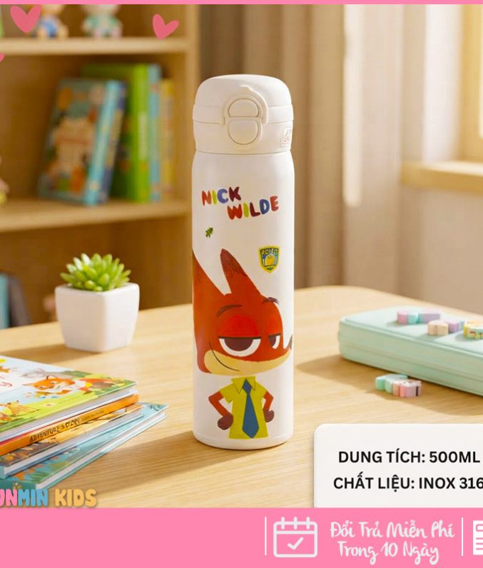 Bình Giữ Nhiệt Trẻ Em Hoạt Hình 500ml Inox 316 Cao Cấp - Bình Nước Có Khóa An Toàn Chống Rò Rỉ Cho Bé