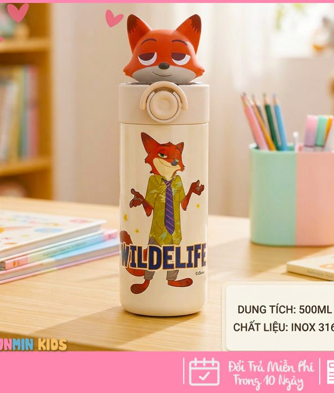 Bình Giữ Nhiệt Inox 316 Nắp Bật Hình Thú 3D Ống Hút 500ml Cho Bé