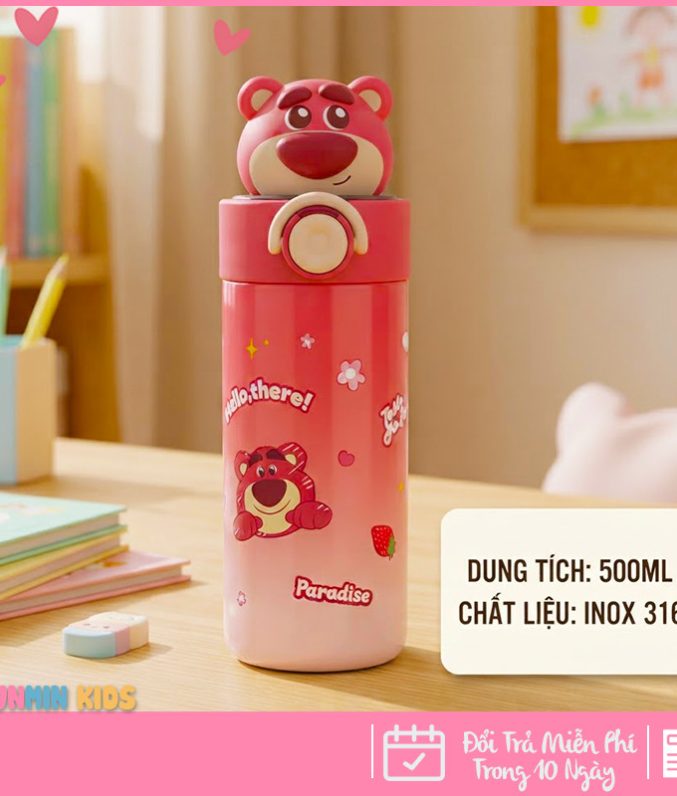Bình Giữ Nhiệt Inox 316 Nắp Bật Hình Thú 3D Ống Hút 500ml Cho Bé