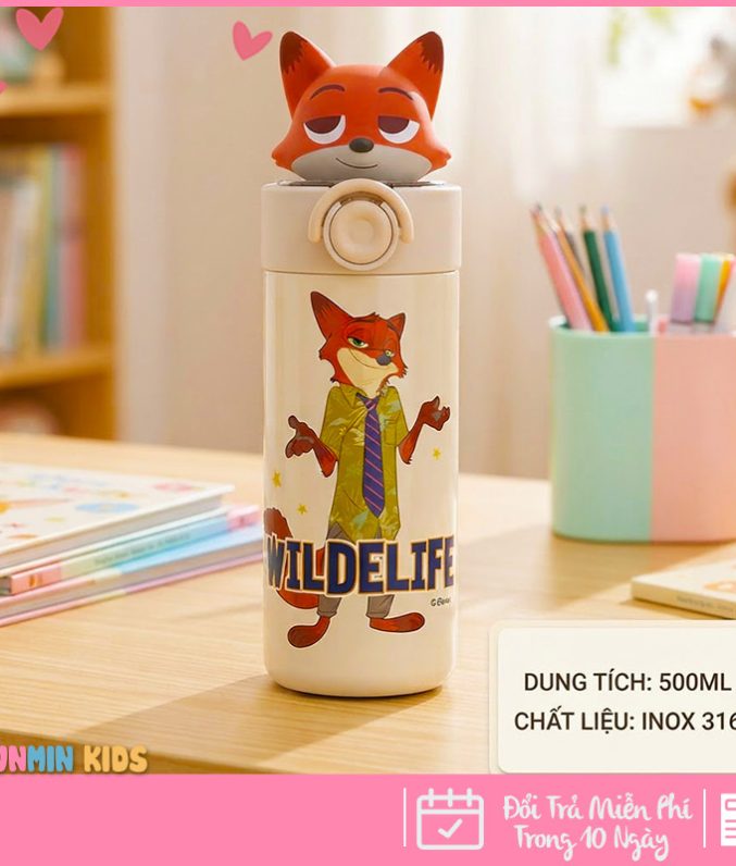 Bình Giữ Nhiệt Inox 316 Nắp Bật Hình Thú 3D Ống Hút 500ml Cho Bé